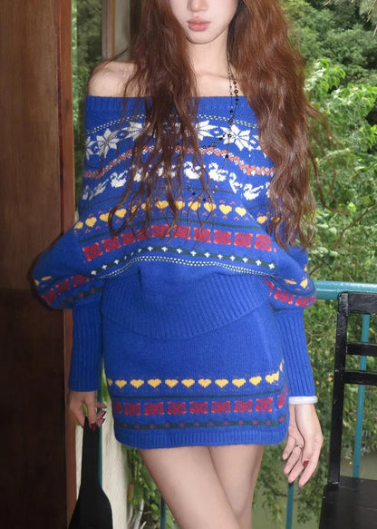 Novelty Blue Slash Neck Print Cotton Knit Sweater and Skirts Two Pieces Set Fall
