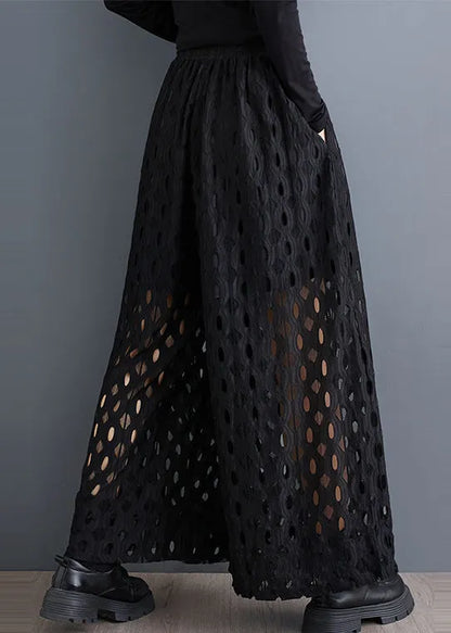 Natural Black Hollow Out Wide Leg Pants Trousers Summer