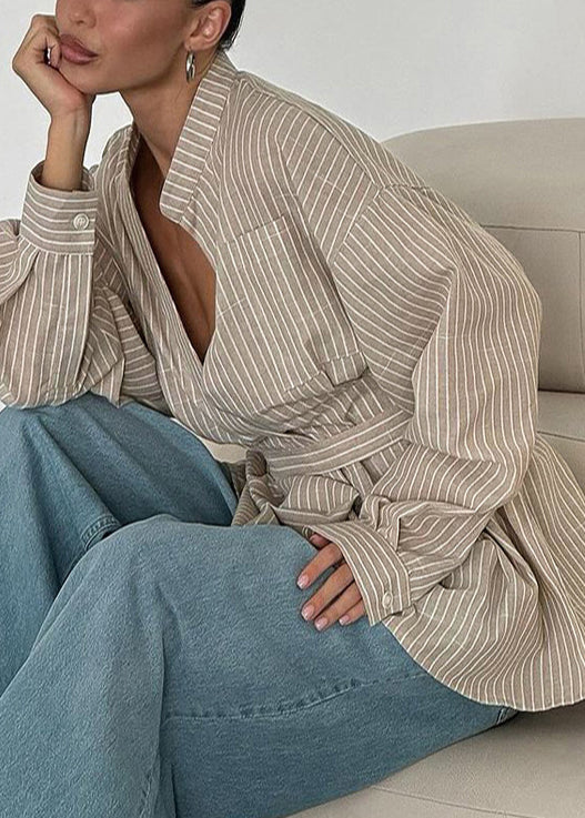 Khaki Striped Linen Tunic Shirt Top Fall
