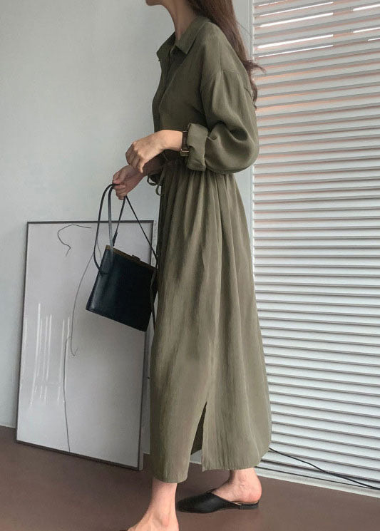 Loose Army Green Side Open Cinched Cotton Maxi Dresses Spring