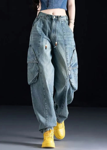 Organic Blue Pockets Patchwork Denim Pants Fall