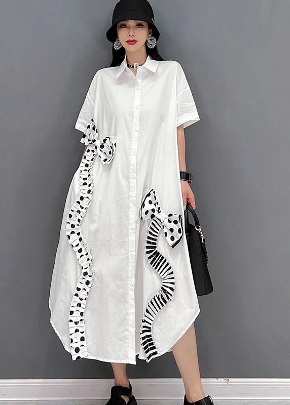 Modern White Peter Pan Collar Asymmetrical Bow Button Party Dress Short Sleeve