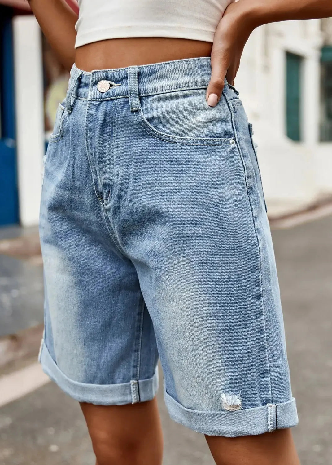 New Light Blue Hole Pockets High Waist Denim Shorts Summer