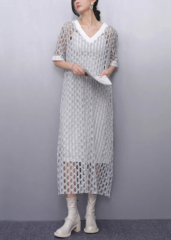 Art Silk V Neck Sheer Vacation Long Dresses Summer