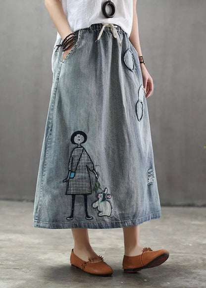 Light Blue Elastic Waist Patchwork Cartoon Embroideried Tulle Denim Skirts Spring