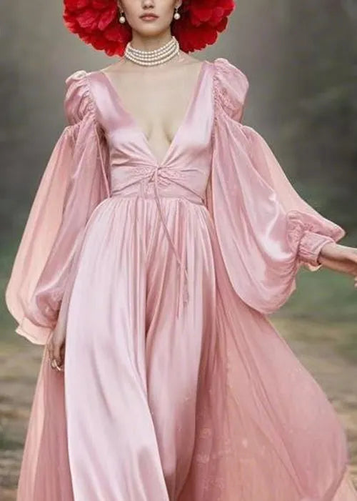 New Pink V Neck Lace Up Maxi Dress Lantern Sleeve