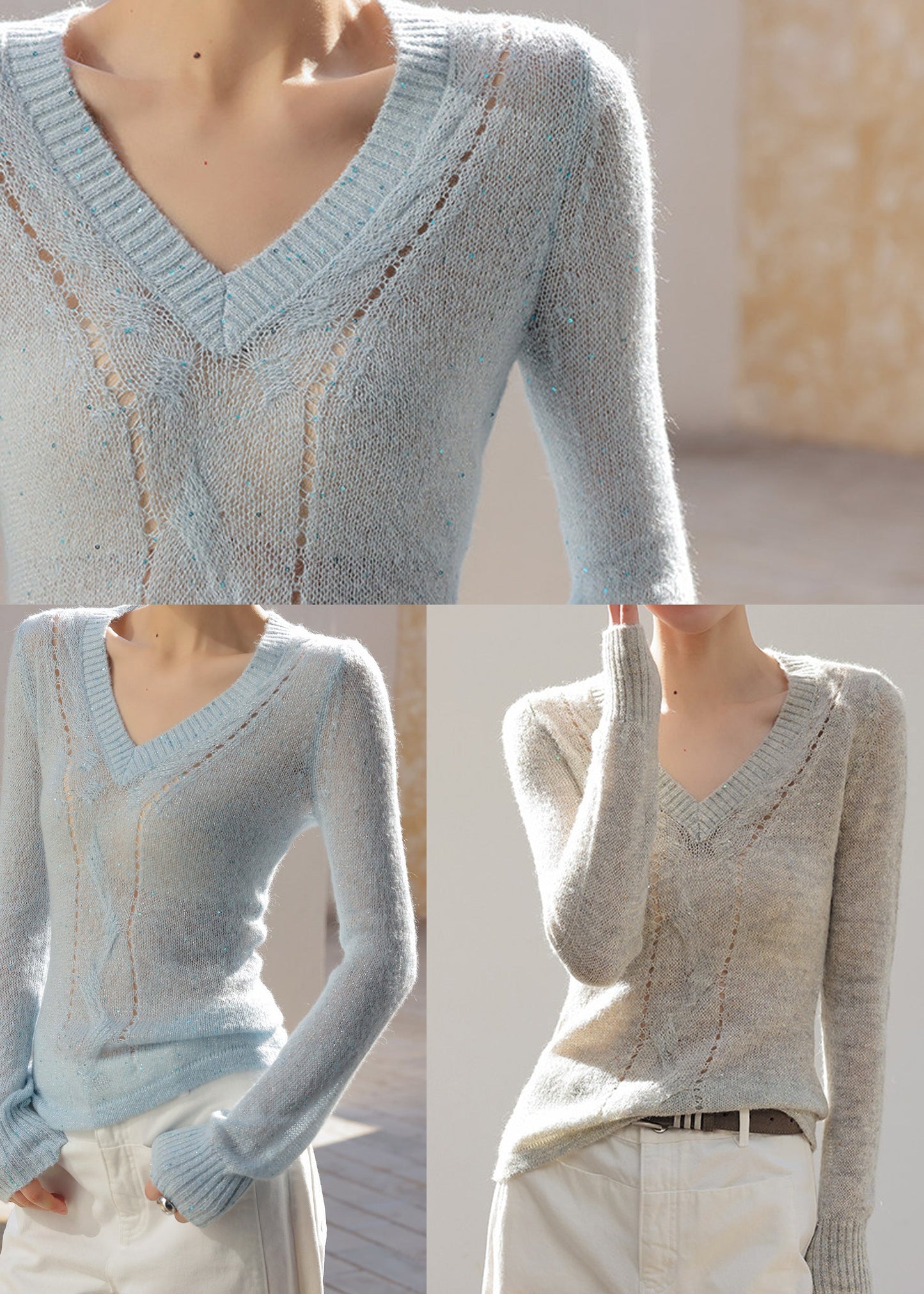 Grey V Neck Hollow Out Knit Top Spring