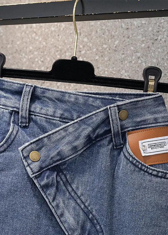 Style Denim Light Blue High Waist Side Open Button Asymmetrical Pockets Cotton a Line Skirts Summer