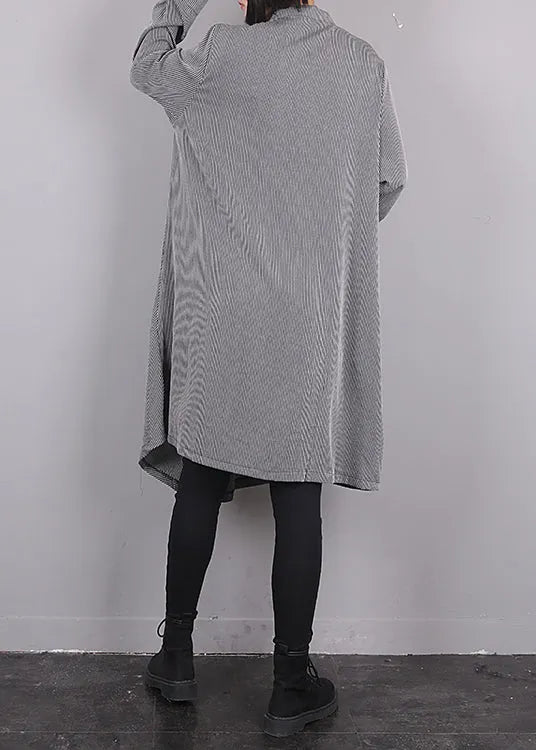 Grey O-neck Asymmetrical Striped Button Maxi Dress Fall