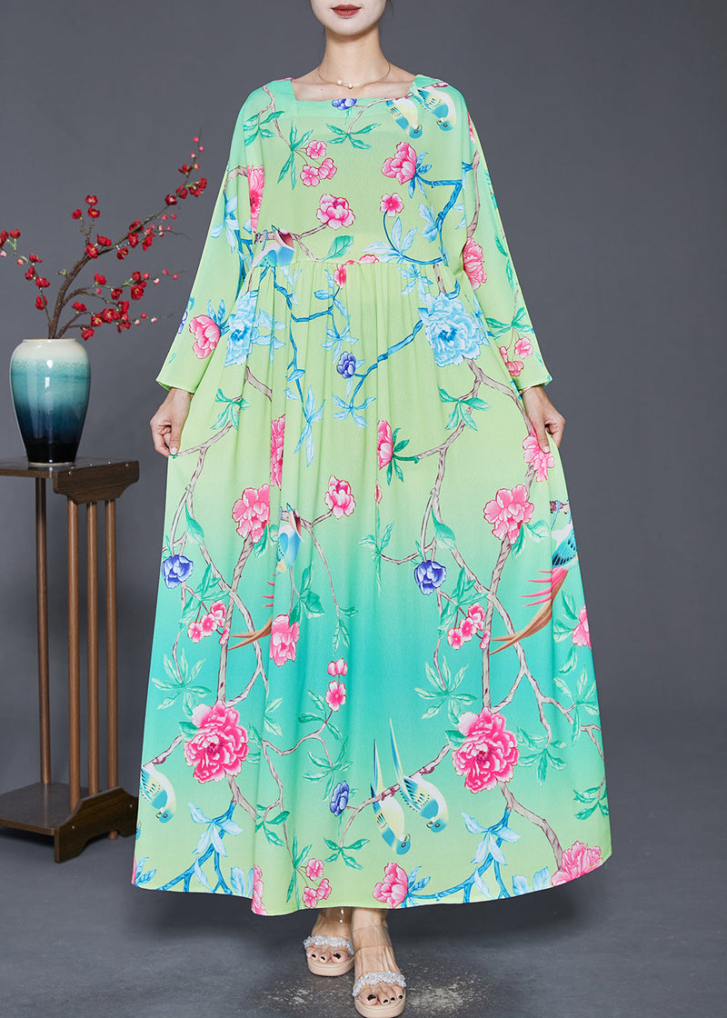 Green Square Collar Print Silk Holiday Dresses Fall