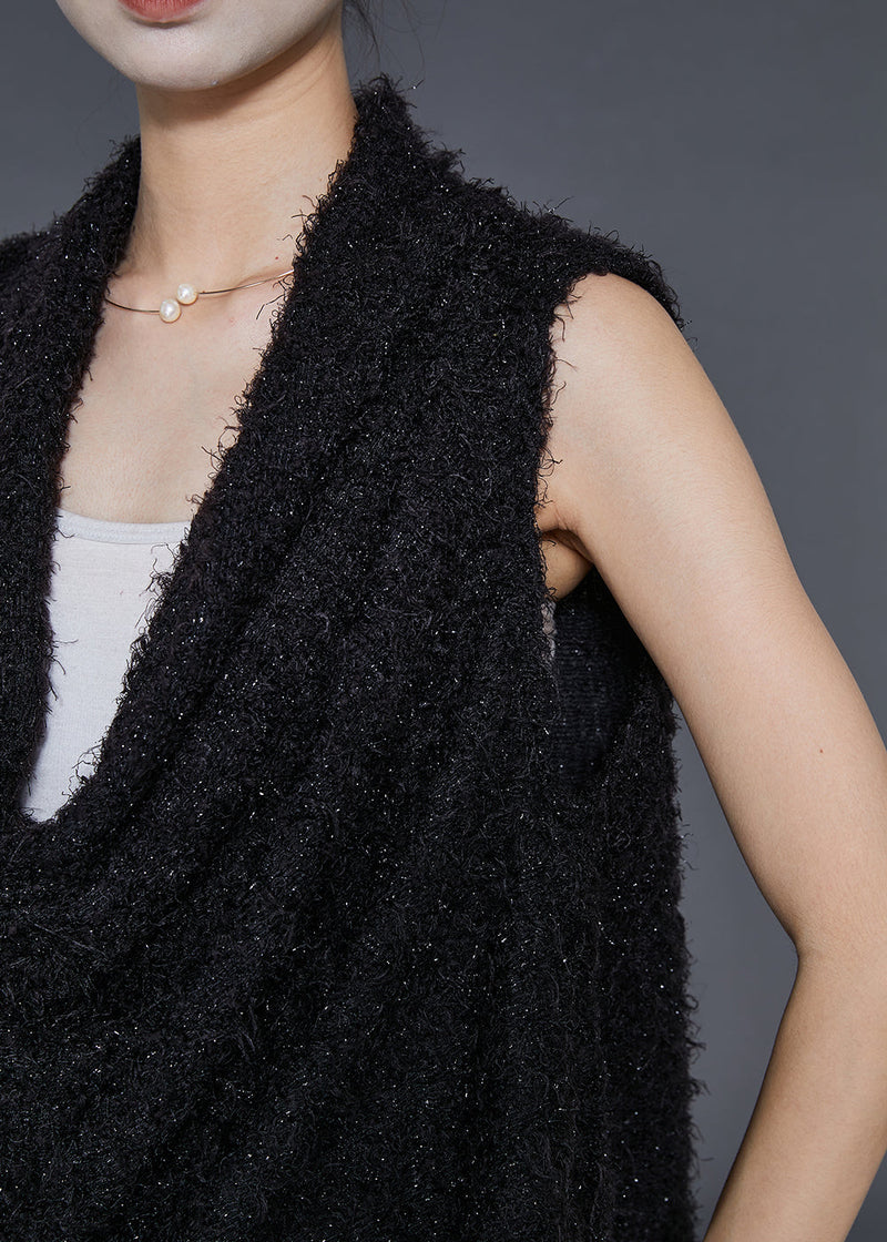 Black V Neck Warm Fuzzy Fur Fluffy Vest Spring