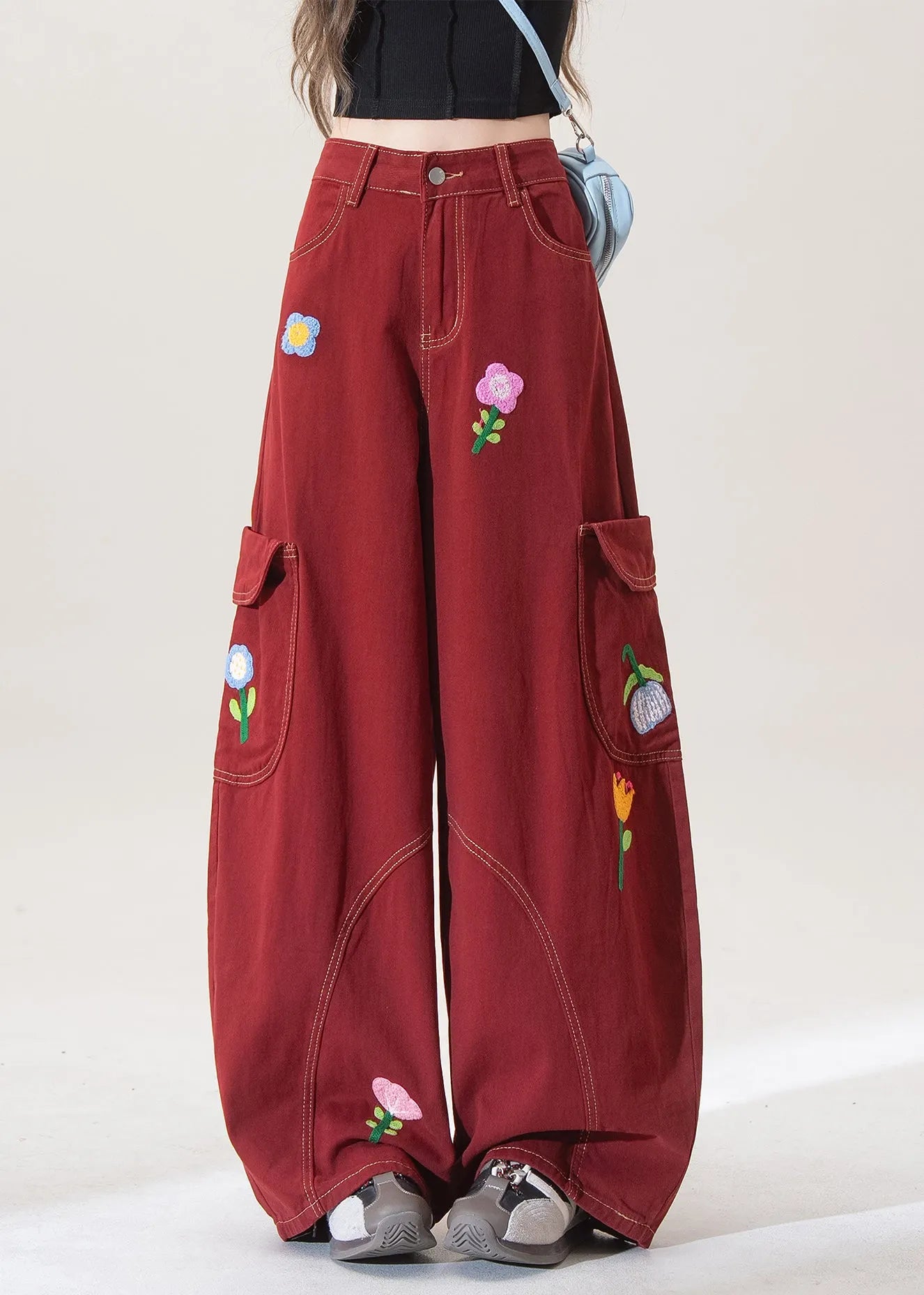 Stylish Red Pockets Denim Wide Leg Pants Fall