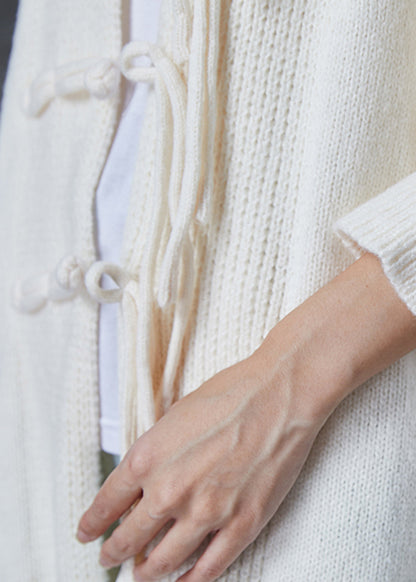 White Oversized Chinese Button Knit Cardigans Spring