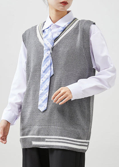 Diy Grey V Neck Knit Vest and Shirt Three Pieces Set Spring