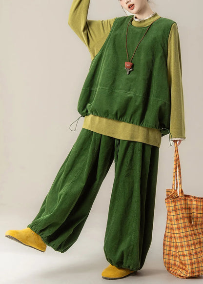 Grass Green Vest T Shirt and Pants Corduroy Three Pieces Set Spring