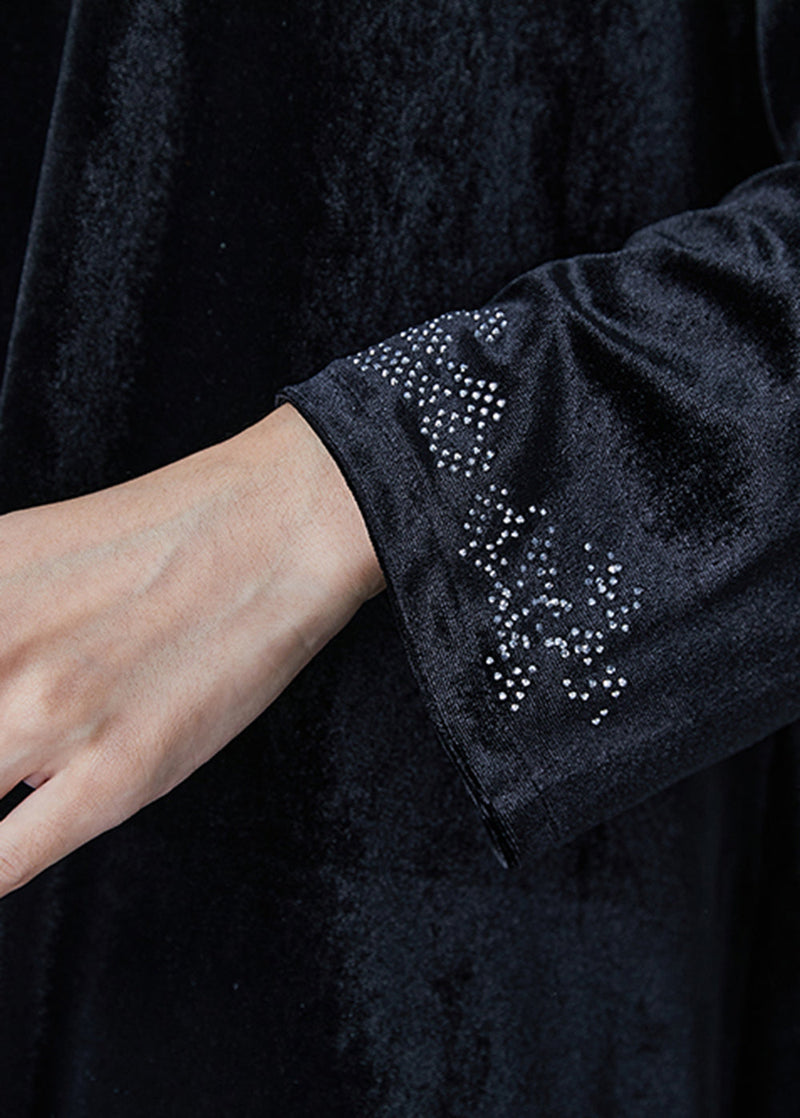 Black Oversized Zircon Silk Velvet Two Pieces Set Spring