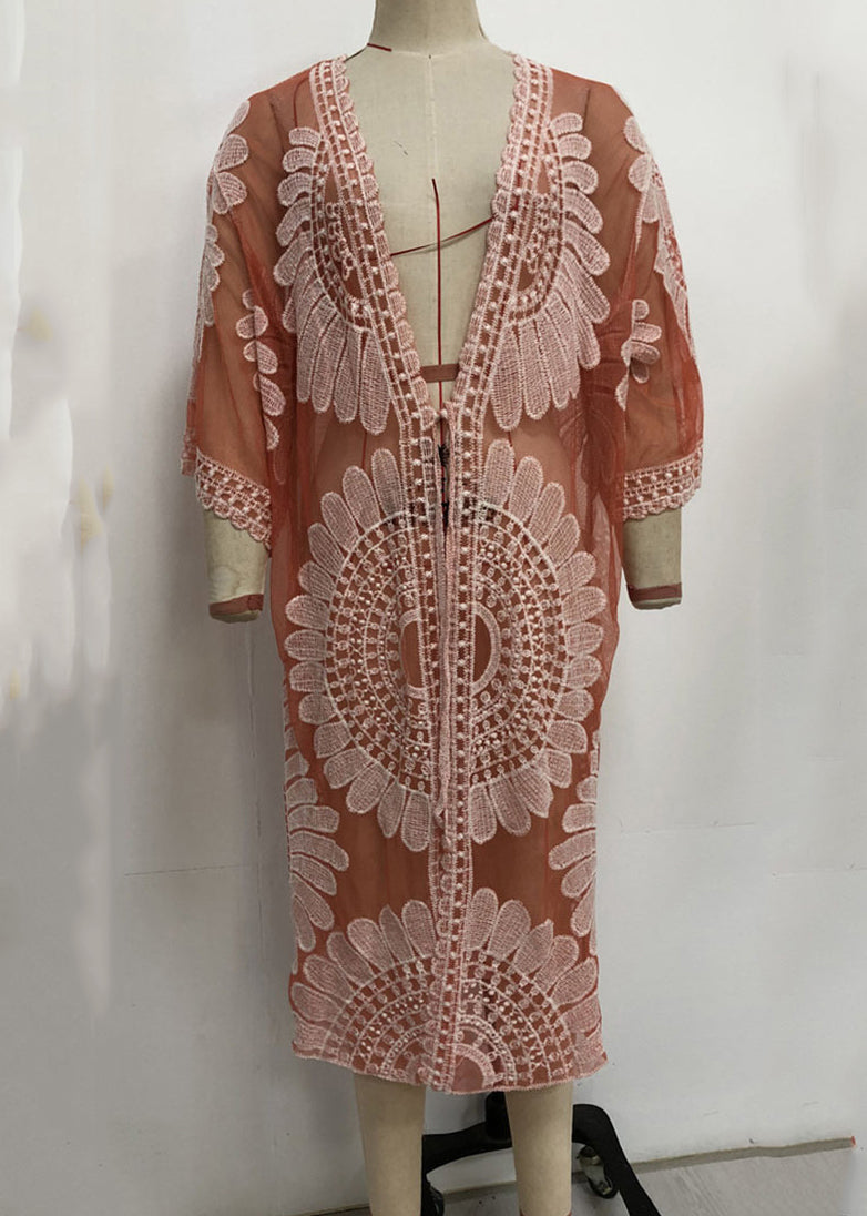 Unique Orange V-neck Print Lace Patchwork Tulle Swimwear Cardigans