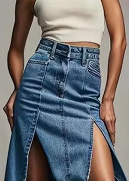 Blue Zippered Side Open High Waist Denim Skirt Summer