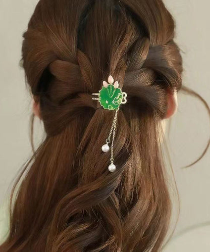 Green Sterling Silver Alloy Pearl Lotus Leaves Hairpin
