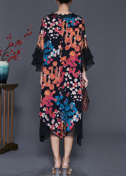 Black Asymmetrical Print Silk Dresses Flare Sleeve