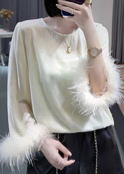 Apricot O Neck Patchwork Silk Velour Tops Long Sleeve