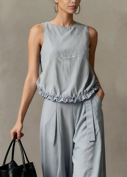 Haze Blue Ruffled Pockets Cotton Two Piece Set Summer