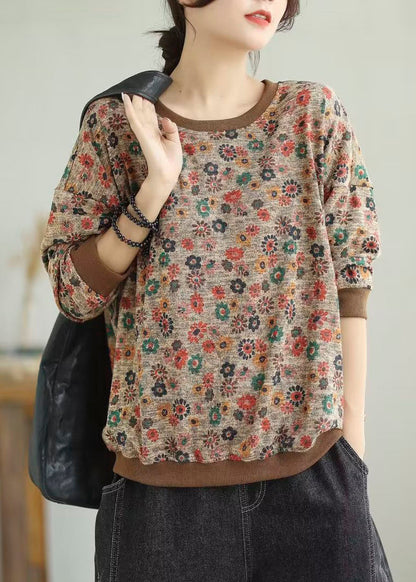 Khaki O-neck Print Cotton Knit Sweaters Fall