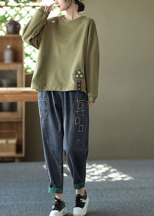 Green Embroideried Cotton Loose Sweatshirt Spring