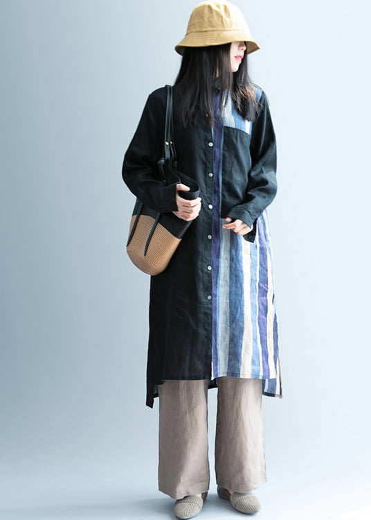Black Low High Design Striped Linen Long Shirt Spring