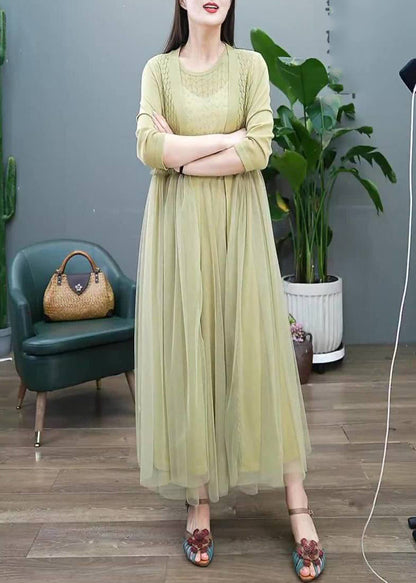 Organic Green Hollow Out O-neck Tulle Patchwork Long Dress Two Pieces Set Long Sleeve