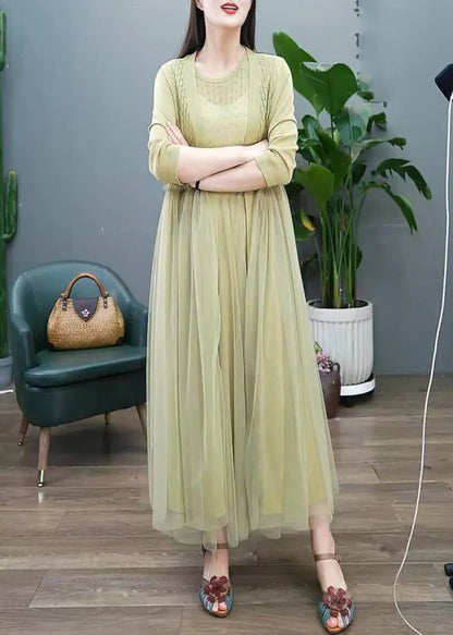 Organic Green Hollow Out O-neck Tulle Patchwork Long Dress Two Pieces Set Long Sleeve