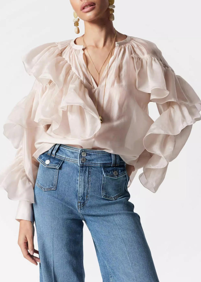 Stylish O-neck Ruffled Silk Shirts Fall