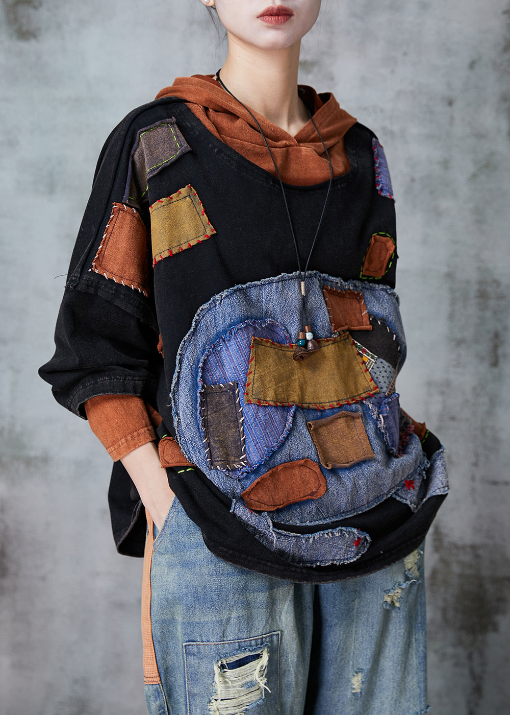 Black Hooded Patchwork Applique Cotton Pullover Sweatshirt Spring