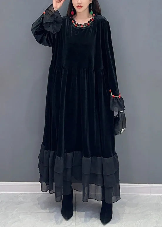 Black Tulle Patchwork Silk Velour Long Dresses Spring