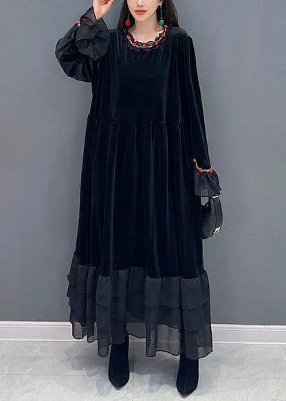 Black Tulle Patchwork Silk Velour Long Dresses Spring