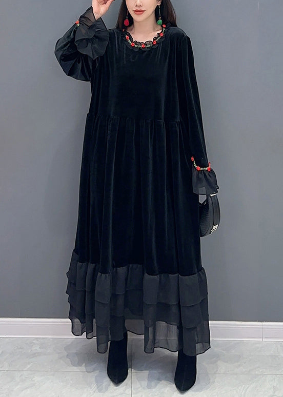 Black Tulle Patchwork Silk Velour Long Dresses Spring