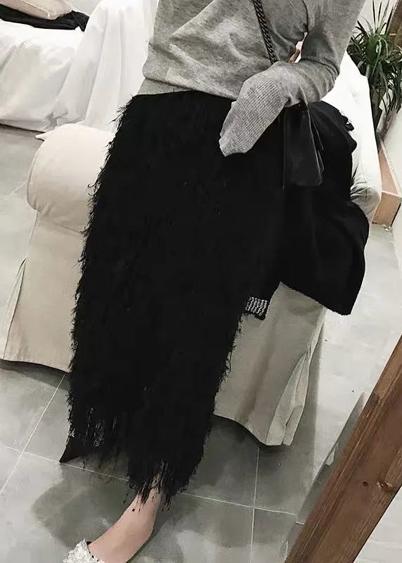 Black Feather Knit Fall Skirts High Waist