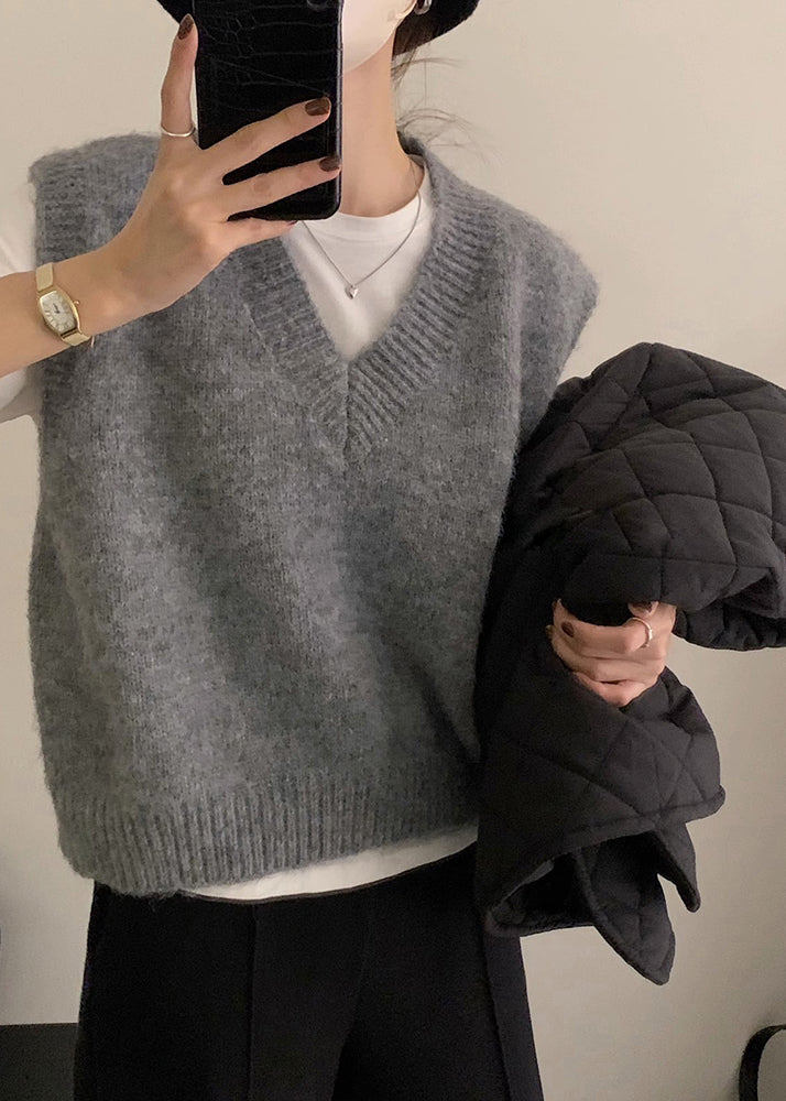 Grey V Neck Cozy Knit Vest Tops Sleeveless