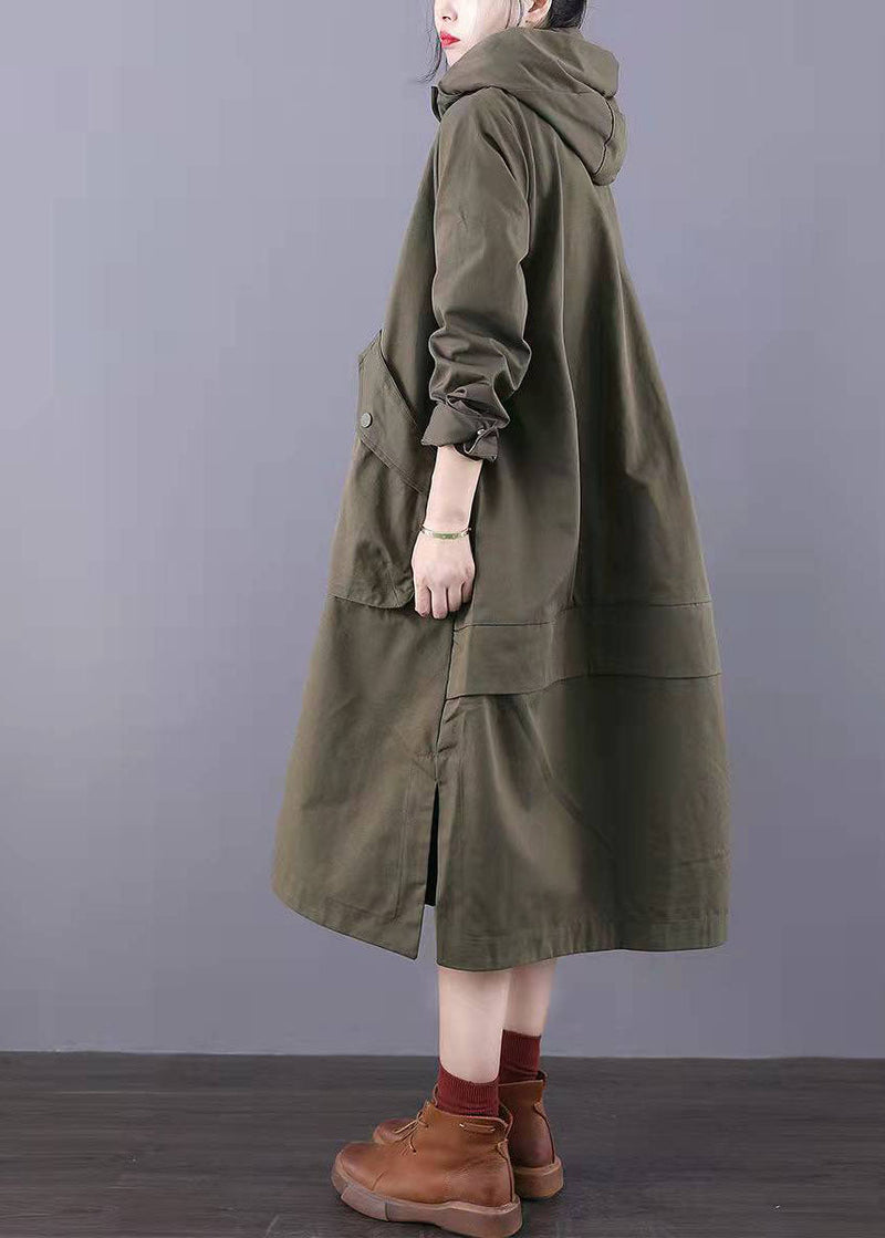 Fitted Army Green Zip Up Pockets Cotton Trench Coats Spring