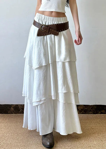 White Layered Elastic Waist Cotton Skirts Summer