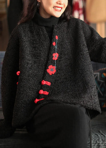 Chinese Style Black Button Embroideried Faux Fur Coats Long Sleeve