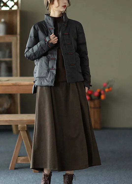 Red Stand Collar Button Pockets Low High Design Winter Down Coat
