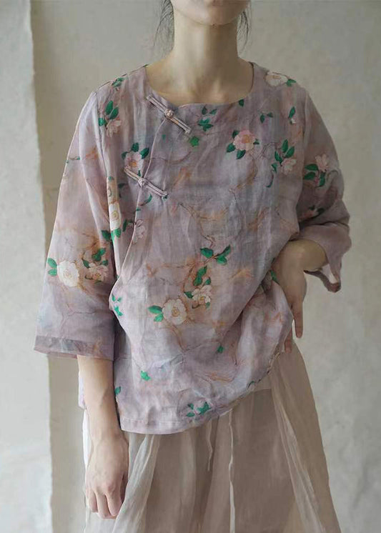 Purple O-neck Button Linen Shirt Half Sleeve