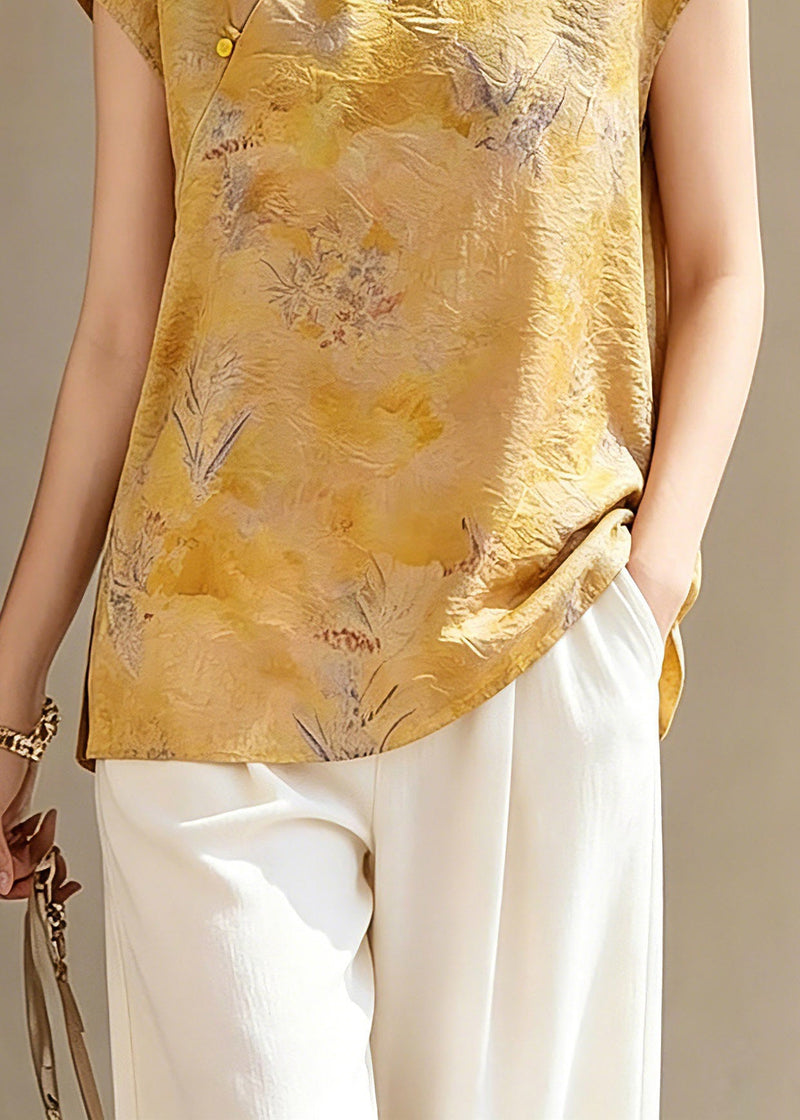 Handmade Yellow Print Button Linen Shirts Short Sleeve Summer