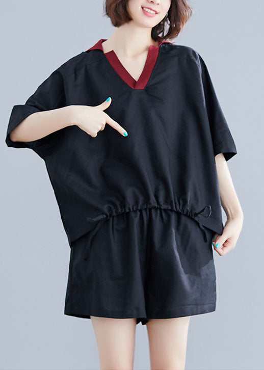 Black Cotton Two Piece Set Clothing V Neck Drawstring Summer