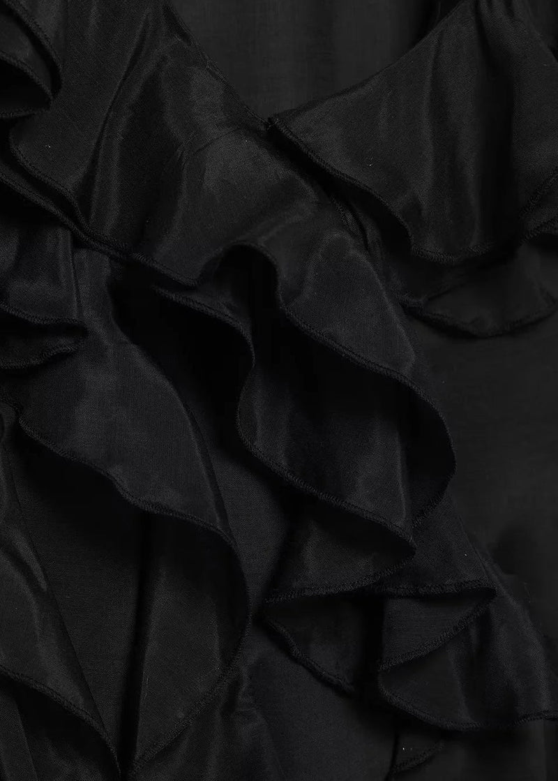 French Black V Neck Ruffled Cotton Long Dress Sleeveless