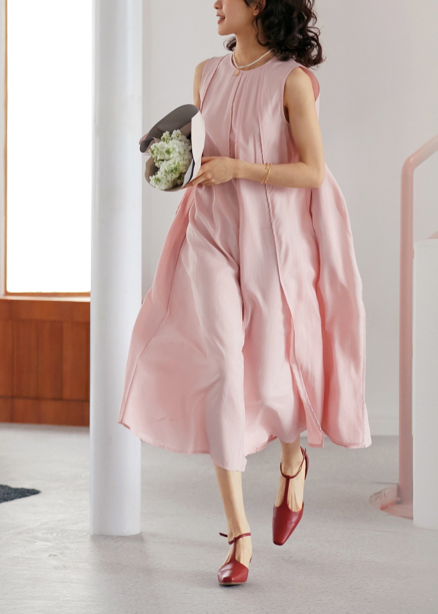 Pink O-neck Wrinkled Long a Line Dresses Sleeveless