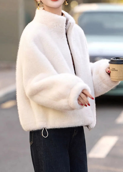Yellow Stand Collar Zip Up Faux Fur Short Coats Winter