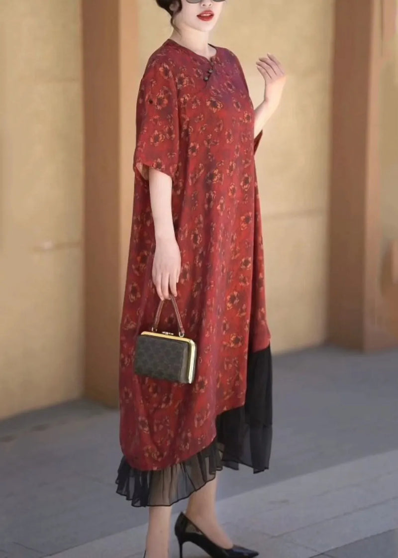 Handmade Red O-neck Asymmetrical Patchwork Silk Linen Long Dress Half Sleeve