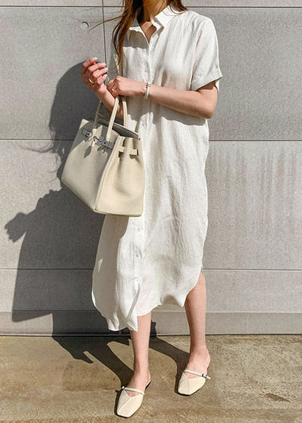 White Side Open Button Shirts Dresses Short Sleeve